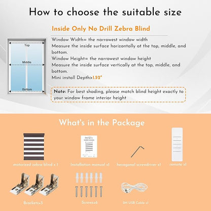 Persilux Motorized No Drill Zebra Smart Shades with Remote Smart Zebra Blinds,Non Drill, Light Filtering, Dual Layer,Compatible with Alexa, Texture Fabric, Custom Sizes,Bella Brown,RS20287-16