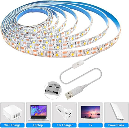 5V USB LED Strip Lights, Warm White 3500K 9.84ft SMD 2835 IP65 Waterproof 180 LEDs Plug and Play Rope Light Strips with Switch for Bedroom, Kitchen Decoration
