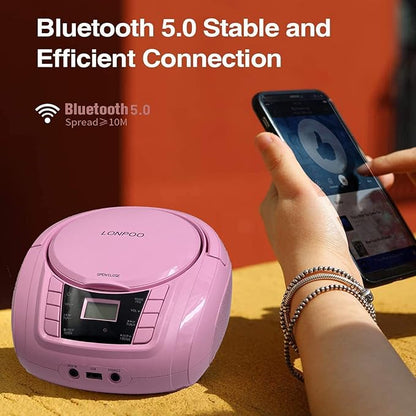 LONPOO Portable Boombox - CD Player, Bluetooth, USB, MP3, AUX, FM Radio, Portable, Built-in Stereo Speakers, Carrying Handle, LCD Display, Pink