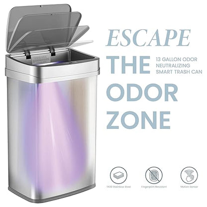 Ninestars Nova Series 13 Gallon Odor Elimating Automatic Kitchen Trash Can Automatic Odor Control Motion Sensor Garbage Bin, 50 Liter Smart Opening Stainless Steel, Silver