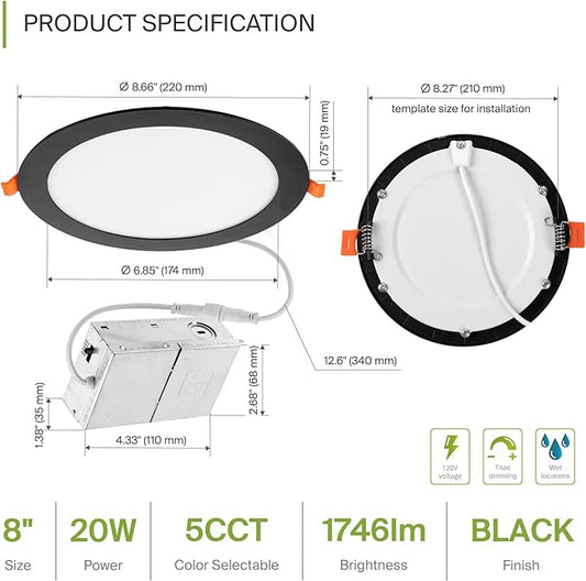 ASD 4 Pack 8 Inch LED Recessed Light 20W, 5 CCT 2700K-5000K CRI90+, IC Rated Ultra Thin Dimmable Ceiling Lights with J Box, Canless Wafer Downlight, Round Slim Panel Lighting, UL Listed, Black