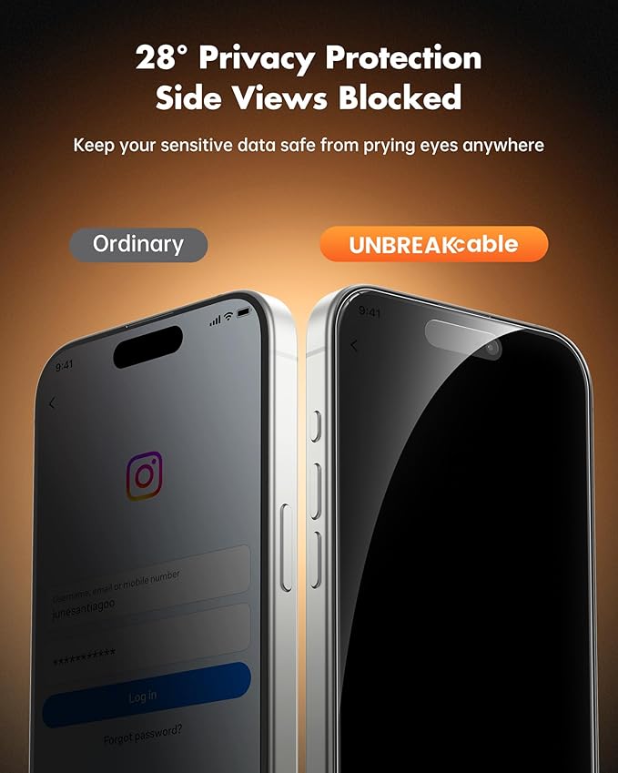 UNBREAKcable Privacy Screen Protector for iPhone 16 Plus, Anti-Spy Shatterproof Tempered Glass [True 28°Anti Spy] [9H Hardness] [Easy Installation Frame] Black Protector for iPhone 6.7" - 2 Pack