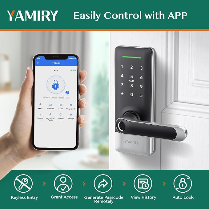 Yamiry Smart Door Lock, Biometric Fingerprint, Keyless Entry, App Control, 6 Ways to Unlock, DIY Installation (Silver)