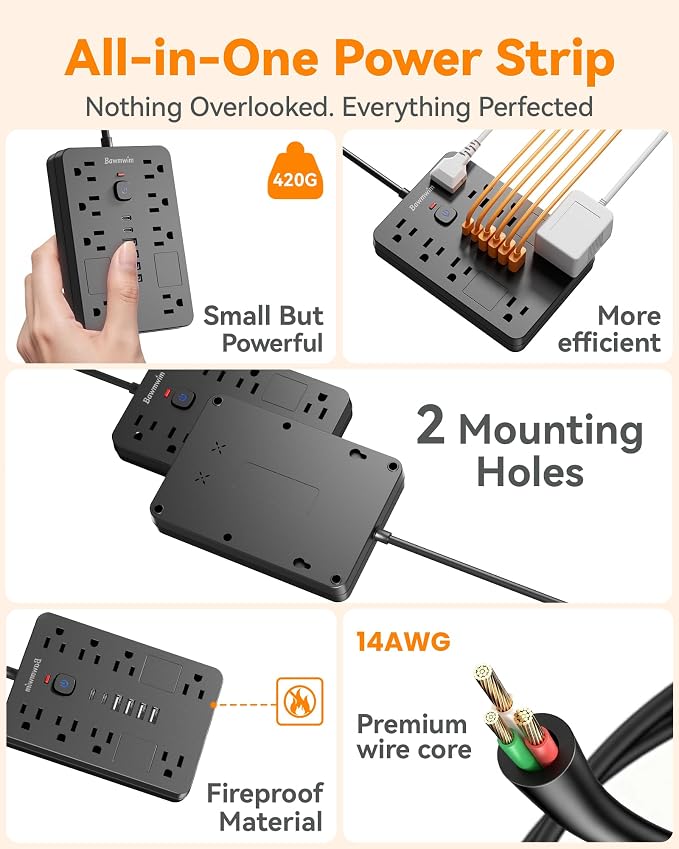 Surge Protector Power Strip - 11 Outlets(1850W/15A/14AWG) with 6 USB Ports(2 USB C), 6/10FT Flat Plug Extension Cord, Wall Mount, Black, ETL Listed for Home, Dorm Room