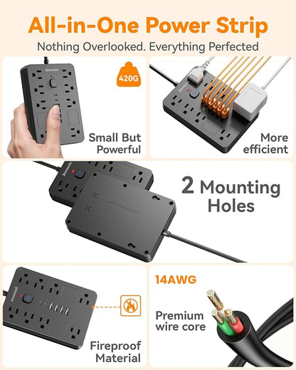 Surge Protector Power Strip - 11 Outlets(1850W/15A/14AWG) with 6 USB Ports(2 USB C), 6/10FT Flat Plug Extension Cord, Wall Mount, Black, ETL Listed for Home, Dorm Room