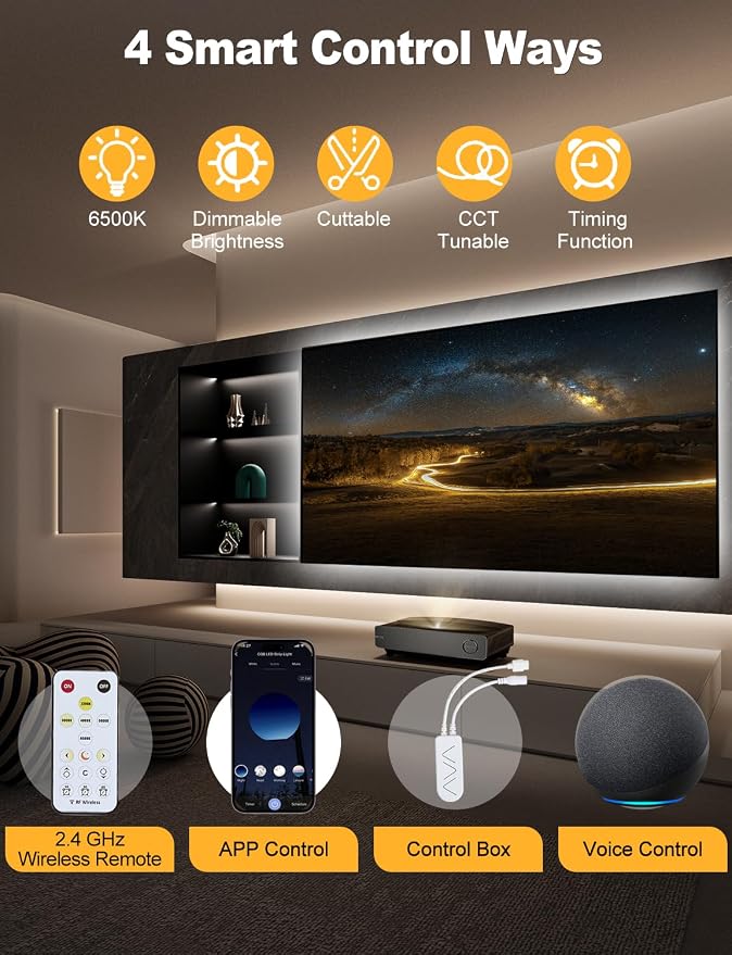 COB LED Strip Light 32.8ft, Dimmable 2300K-6500K White CCT Tunable, DC 24V Cuttable LED Tape Light, High Density 6080 LED 48W CRI 90, APP Remote Control, Music Mode, For Home DIY, Living Room, Bedroom