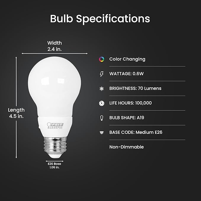 Feit Electric A19 LED Color Changing Bulb, 6 Fun Effects, Smooth Transitions & Flashing Modes, 100,000 Hours Lifespan, Ideal Indoor & Outdoor Party Lighting, A19/LED/PARTY