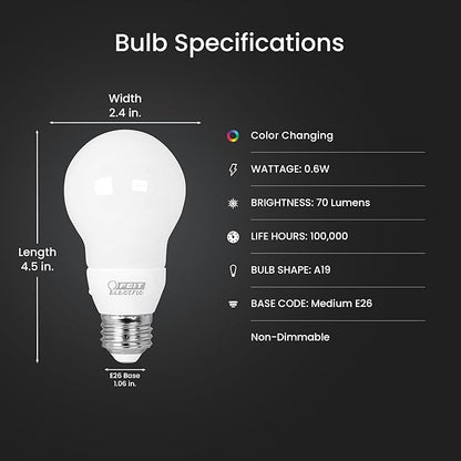 Feit Electric A19 LED Color Changing Bulb, 6 Fun Effects, Smooth Transitions & Flashing Modes, 100,000 Hours Lifespan, Ideal Indoor & Outdoor Party Lighting, A19/LED/PARTY