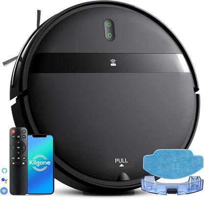 Kilgone Ultra-Slim 2.8in Robot Vacuum & Mop, Quiet 65dB, No-Tangle, Smart 3D Obstacle Avoidance, 2H Runtime for Pet Hair, Hard Floor & Low-Pile Carpet, App/Alexa