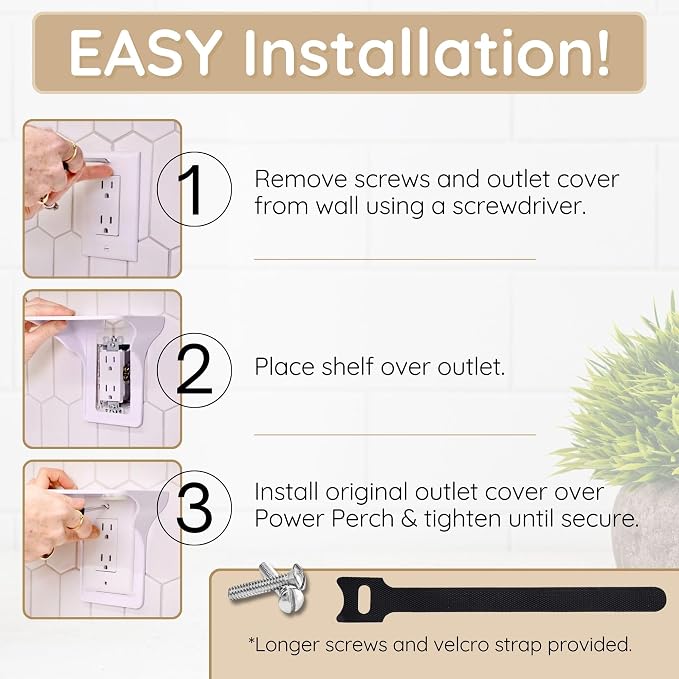 Power Perch Horizontal Outlet Shelf, Renter Friendly Shelves, 1-Pack White | No Drill Alexa Stand Holder Outlet Mount for Bathroom, HomePod Stand, Cord Storage Strap, WiFi Router Wall Shelf, USA Made