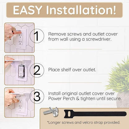 Power Perch Horizontal Outlet Shelf, Renter Friendly Shelves, 1-Pack White | No Drill Alexa Stand Holder Outlet Mount for Bathroom, HomePod Stand, Cord Storage Strap, WiFi Router Wall Shelf, USA Made