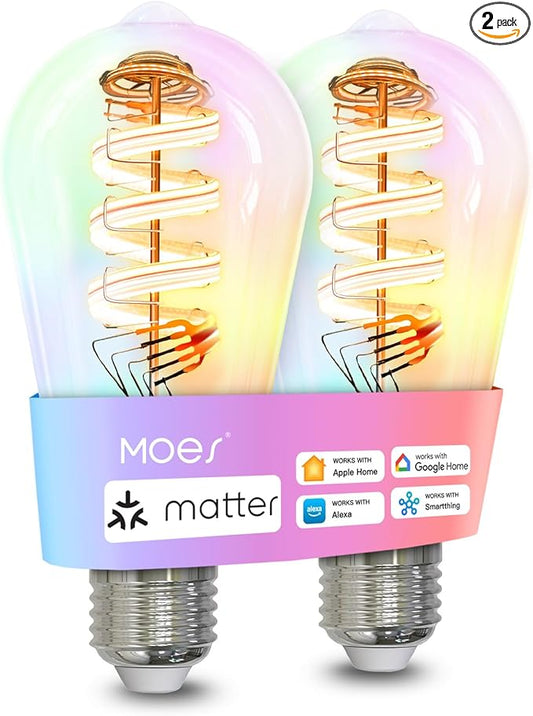 MOES Matter WiFi ST64 Edison Smart Bulbs, Color Changing Light Bulb, 16 Million RGB Colors & Tunable White, Works with Apple Home, Alexa, Google Home, E26 Dimmable 5W (40W Equivalent), 2-Pack