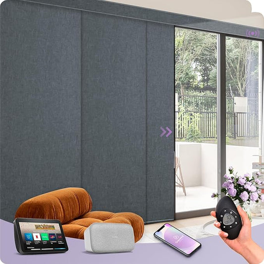 Graywind Rechargeable Smart Sliding Panels Compatible with Alexa Google Motorized Panel Track Blinds Remote Control for Patio Sliding Door Closet Door Width Up to 177" Custom Size (Dark Grey)