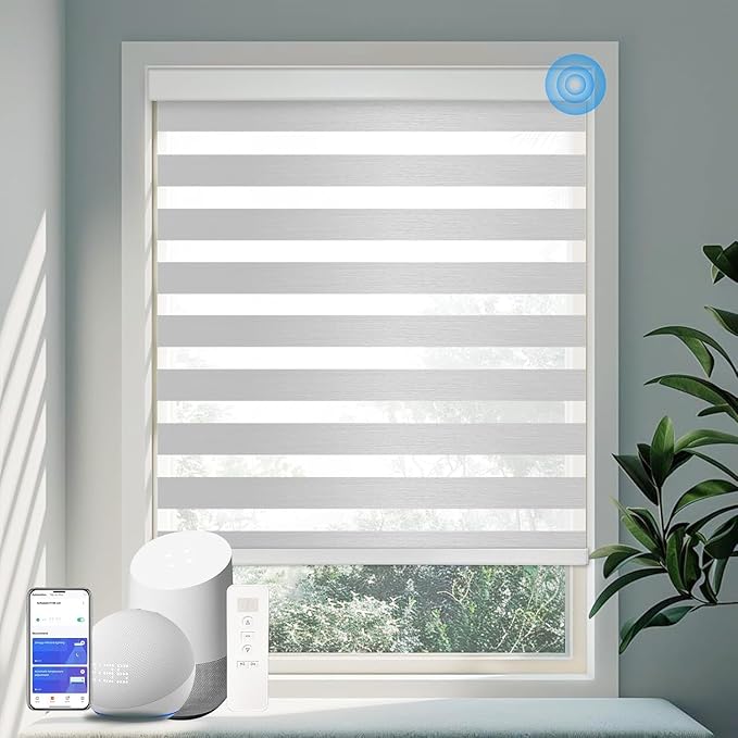 Motorized Zebra Blinds for Windows Cordless Electric Curtains with Remote Control Blackout Shades Custom Smart Blinds Compatible with Alexa Google Home(Light Filtering Grey,Custom)