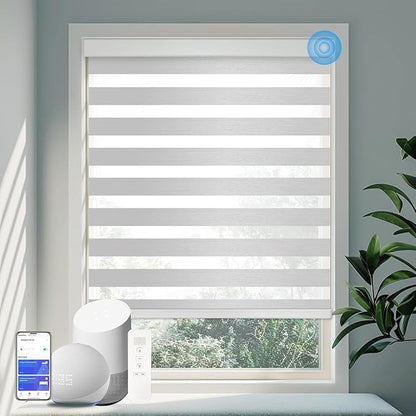 Motorized Zebra Blinds for Windows Cordless Electric Curtains with Remote Control Blackout Shades Custom Smart Blinds Compatible with Alexa Google Home(Light Filtering Grey,Custom)