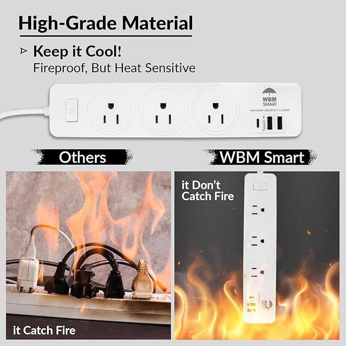 WBM Smart Power Strip 5.9 ft 10 A - Extention Cord Socket, Pack of 2 with 2 USB Ports and 1 Type C Plug, Multi Outlet Extender for Home, Office and Dorm Room