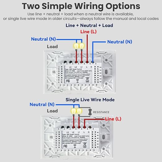 Smart Switch Neutral Wire Optional,APP Control,White 2 Button | 4.65 X 2.83 X 1.34 Inches,Only 2.4GHz Wi-Fi,Voice Control,Work with Tuya/Smart Life/Alexa,Tempered Glass Panel