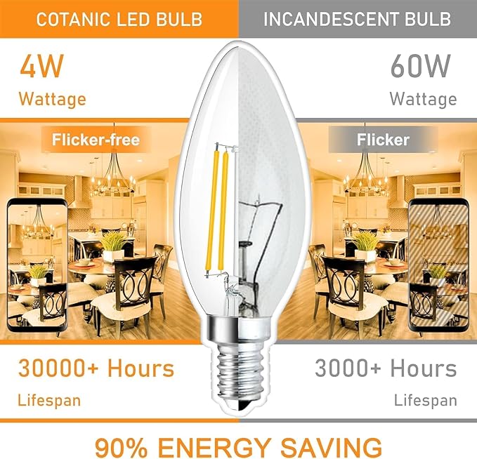 Cotanic E12 LED Bulb Dimmable 3000K Soft White, LED Candelabra Bulbs 60Watt Equivalent, Small Base Type B Light Bulbs, Candle Shape Chandelier Light Bulbs Clear Glass, 600LM, 24 Pack