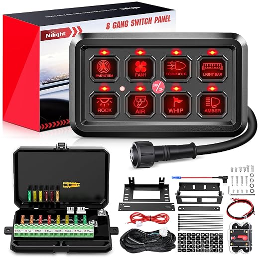 Nilight 8 Gang Switch Panel Relay System Automatic Dimmable | Universal Circuit Control Fuse Wiring Harness ON Off Red Backlit LED Pod for 12V Cars Trucks Boats Campers SUV