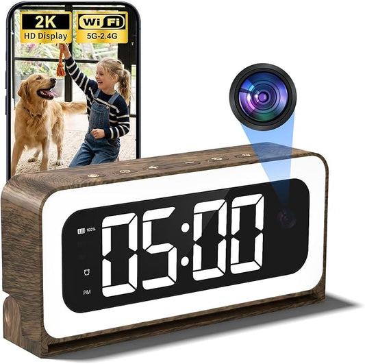 Clock Camera 2K,5G&2.4G WiFi Indoor Security Camera Wood Grain,Cameras for Home Security,3 in 1 Indoor Camera with Alarm,Full Color Night Vision Human Motion Detection Local Storage