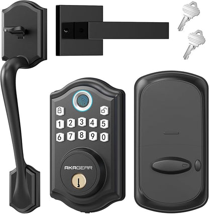 AkaGear DS10 Keyless Entry Door Lock with Handle Set - Fingerprint DeadBolt, Electronic Keypad Deadbolt, Smart Locks for Front Door, Auto-Lock & One Touch Locking, Easy Installation - Matte Black