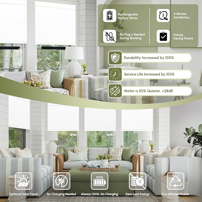 FineTell Motorized Blinds with Remote, 100% Blackout Roller Shades Compatible with Alexa,Apple Homekit,Google Home APP and Voice Control, Customized Electric Blinds (100% Blackout Vinyl White)