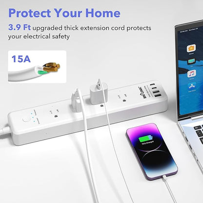 BN-LINK Remote Control Power Strip with 4 Independent Outlets，4 USBs (incl. 20W USB-C), 3.9Ft Extension Cord, 15A/1875W Overload Protection, Wall Mount, for Home, Office, ETL Listed, 1200J