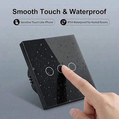 3-Way Smart Switch Wall Light Control Touch,App Remote Control,Black | 3-Way WiFi BT 433MHz RF Tuya App control, Alexa Google voice, no hub, tempered glass touch panel for home indoor lights
