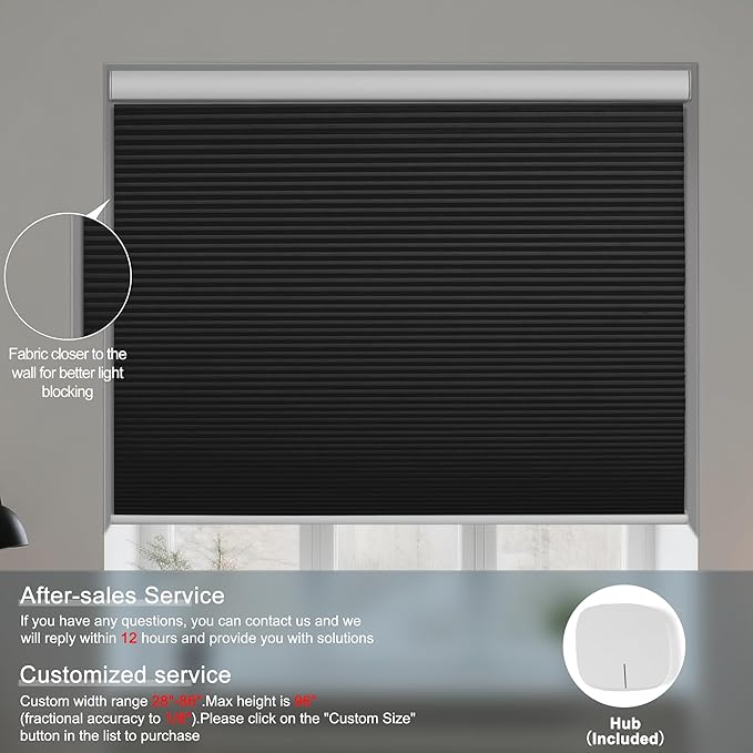 BERISSA Motorized Cellular Shades, Blackout Smart Honeycomb Blinds with Remote Control & Hub, Custom Room Darkening Automatic Cellular Window Blinds for Home Office, Living Room, Door,Black