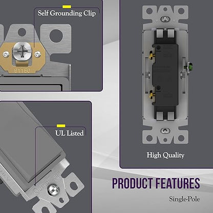ENERLITES Decorator On/Off Paddle Switch with Wall Plates, Single Pole, 3 Wire, Grounding Screw, Residential Grade, 15A 120V/277V, UL Listed, 91150-GYWP, Gray