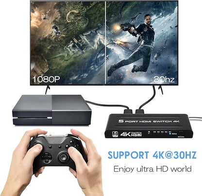 4K HDMI Switch 5 in 1 Out, 5 Port HDMI Switcher Selector Box with IR Remote Control & Auto Switch, Support 4K@30Hz, HDR, HDMI 1.4, HDCP, 3D, 1080P for HDTV PS3 PS4 Xbox Projector Blu-ray Player