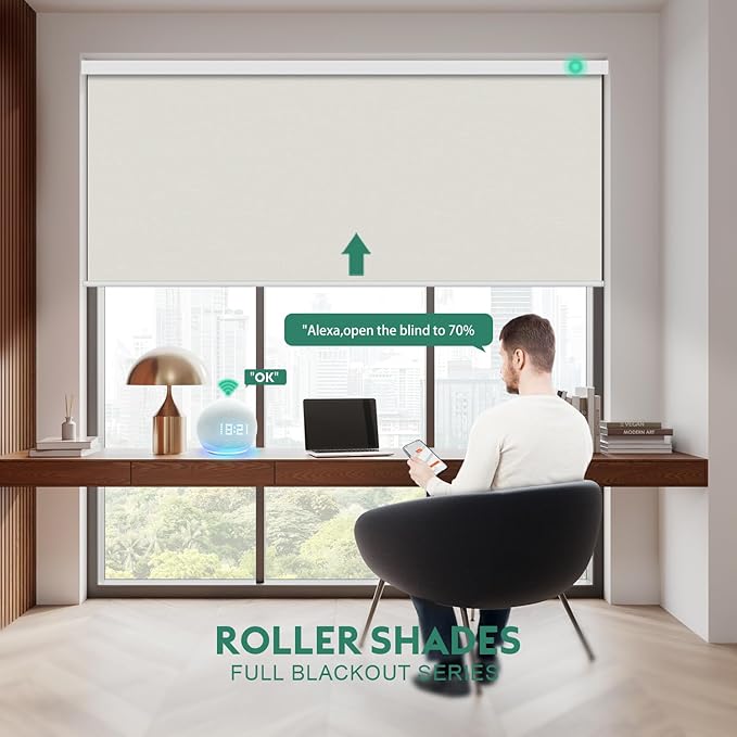 Motorized Blinds with Remote [100% Blackout & Silent Motor] Smart Blinds Compatible with Alexa Google HomeKit, Electric Roller Shades for Indoor Windows, Customized Size, Mist Frost White