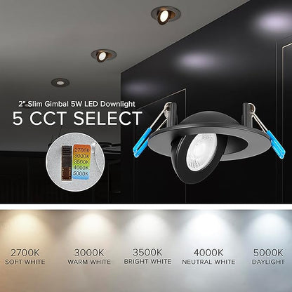 Maxxima 2 in. Rotatable Ultra-Thin Recessed LED Floating Gimbal Downlight, 360 Lumens, 5 CCT Selectable 2700K/3000K/3500K/4000K/5000K, Dimmable Black Trim 90 CRI IC Rated Canless Junction Box Included
