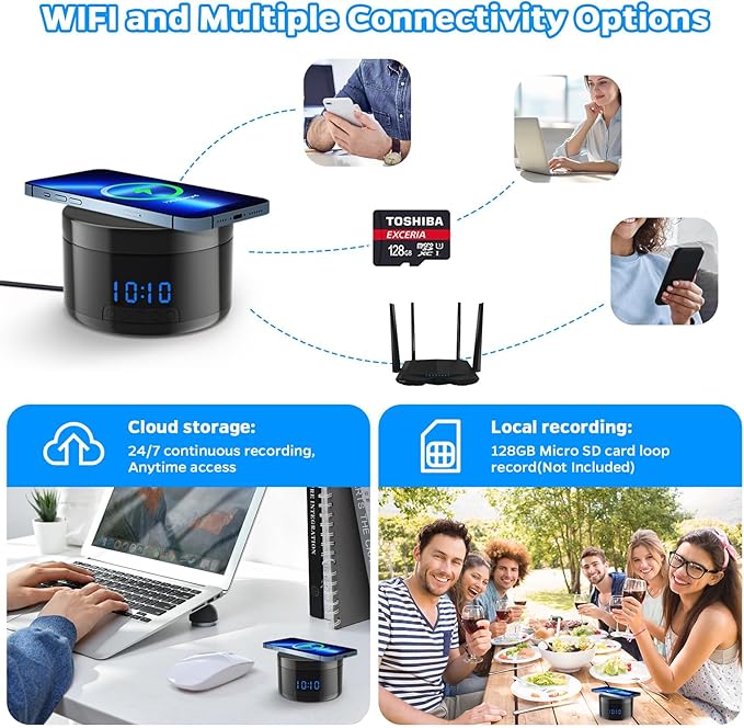 Indoor Camera with Clock and Wireless Charging, 1080P WiFi Cameras for Home, Security Camera with Motion Detection, Night Vision, Local & Cloud Storage,with APP (Black)