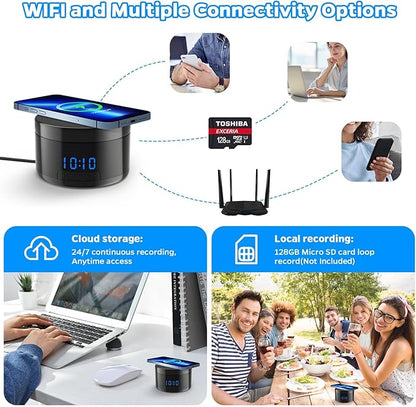 Indoor Camera with Clock and Wireless Charging, 1080P WiFi Cameras for Home, Security Camera with Motion Detection, Night Vision, Local & Cloud Storage,with APP (Black)