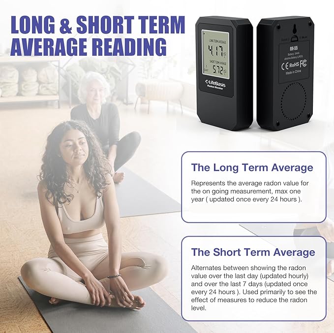 LifeBasis Radon Detector, Radon Test for Home with Long and Short Term Radon Meter, Home Radon Gas Monitor US Version-pCi/L (Update Version, Matte Black)