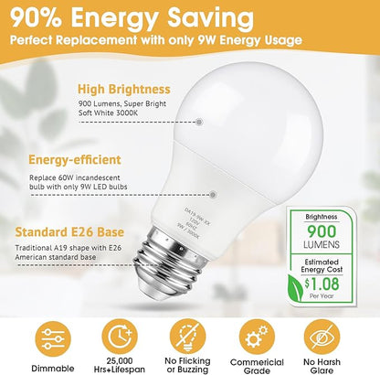 Maylaywood A19 LED Light Bulbs, 60 Watt Equivalent, Soft White 3000K, 900LM, E26 Base, Dimmable, 9W Bright White LED Bulb, 12-Pack