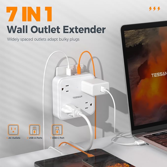 TESSAN Multi Plug Outlet Extender, Surge Protector Splitter | 3 USB (1 USB C Port) Wall Charger, Multiple Expander Surge Protector for Travel, Home, College Dorm Room, White