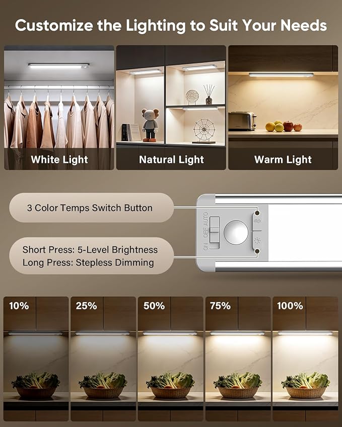MCGOR 5 Pack 10inch Under Cabinet Lighting, Rechargeable Motion Sensor Light Indoor with 3 Color Temps, Dimmable Magnetic Led Closet Lights, Wireless Under Counter Lights for Kitchen, Stairs