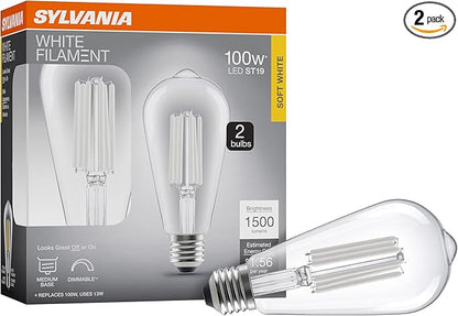 Sylvania ST19 Clear LED White Filament Bulb, 13W, Dimmable, 1500 LMS, Medium Base, 2700K, Soft White - 2 Pack (42252)