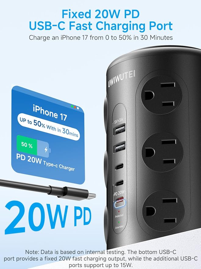 Tower Power Strip with Night Light,PD20W USB C Power Strip Tower with Multiple Outlets, 12 Outlets,5 USB Ports (3 USB-C), 6FT Extension Cord Desk Charging Station for Home,Office,Dorm Essentials,Black