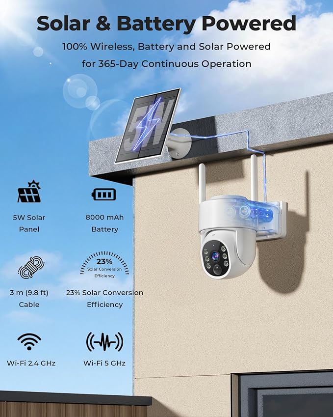 Solar Security Cameras Wireless Outdoor, 5G&2.4GHz Cameras for Home Security, 2K Solar Outdoor Camera, Color Night Vision, AI Human Detection, 2-Way Talk, Siren Alarms (2-Pack)