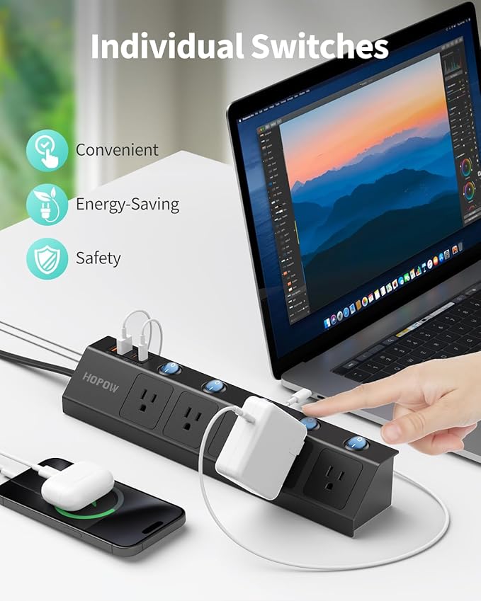 10FT Power Strip with Individual Switches, 5AC&2A2C, Flat Extension Cord