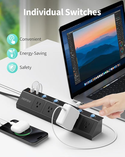 10FT Power Strip with Individual Switches, 5AC&2A2C, Flat Extension Cord