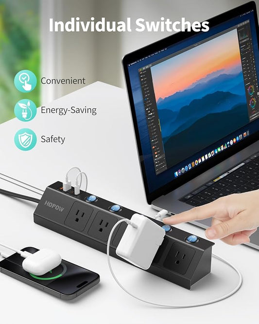 10FT Power Strip with Individual Switches, 5AC&2A2C, Flat Extension Cord