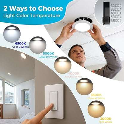 MAXvolador 6 Inch Ultra-Thin LED Recessed Ceiling Light with Junction Box 1200LM High Brightness 6-Pack, 5CCT 3000K/3500K/4000K/5000K/6500K Selectable, Dimmable Canless Wafer Downlight 12W 110W Eqv