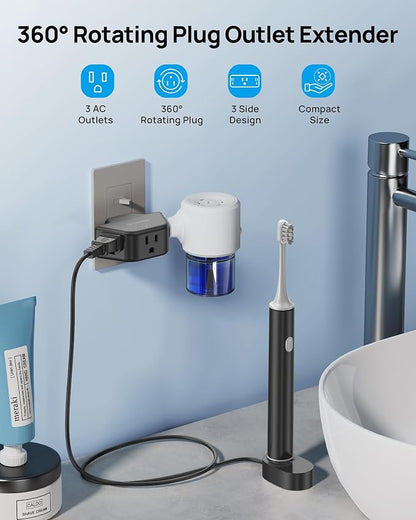 TROND 360 Rotating Plug Outlet Extender for Bathroom Kitchen, Black | Outlet Splitter with 3 Grounded Sockets, No Blocking with 3 Way Angled Design, Small Multi Plug Adapter for Home Office