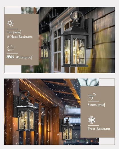 FEMILA 2 Packs Outdoor Waterproof Wall Lights Fixture, 15" Wall Lantern for Porch, Anti-Rust Matte Black Finish with Water Ripple Glass,4FD54B-2PK BK-WP