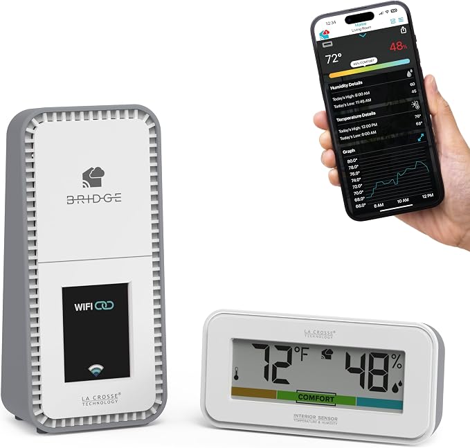 Temp Tracker Interior Wi-Fi Alert System with the Bridge Gateway and an Interior Temperature and Humidity Display with Comfort Meter