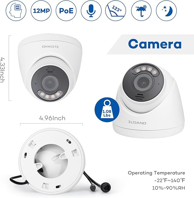 ONWOTE 12MP PoE IP Security Camera Outdoor, 2 Way Talk, Smart Color Night Vision, 4000x3000 12 Megapixels 30fps, 123° FoV, AI Detection, Commercial Wired Camera for Business, Add-on to PoE NVR System